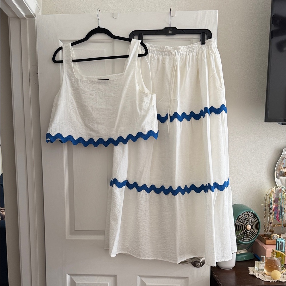Cute white with blue ric rac trim skirt and top set
